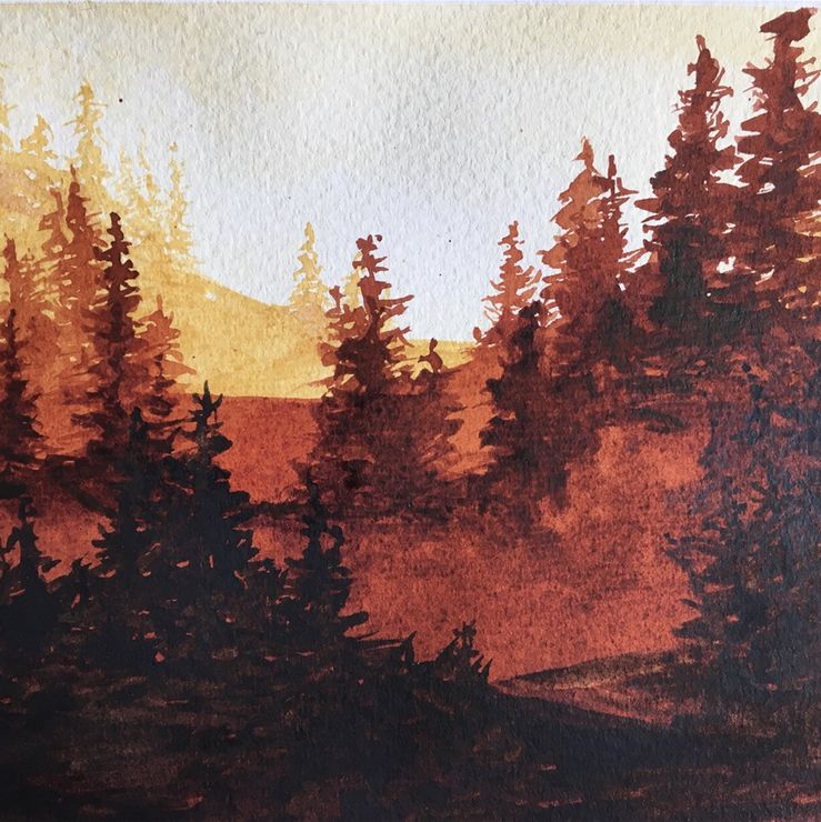 röd skog, akvarell