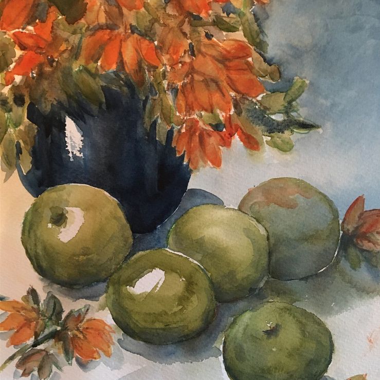 gröna äpplen och blå vas